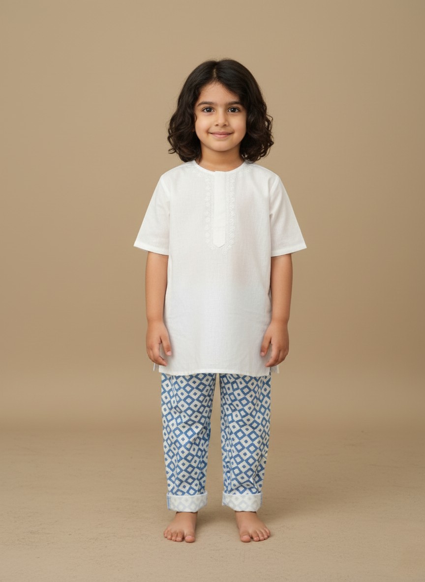 Blue & White Geometric Kids Patterned Pajama Pants A single pair of blue and white geometric patterned kids pajama pants with an elastic waistband, laid flat on a neutral background.