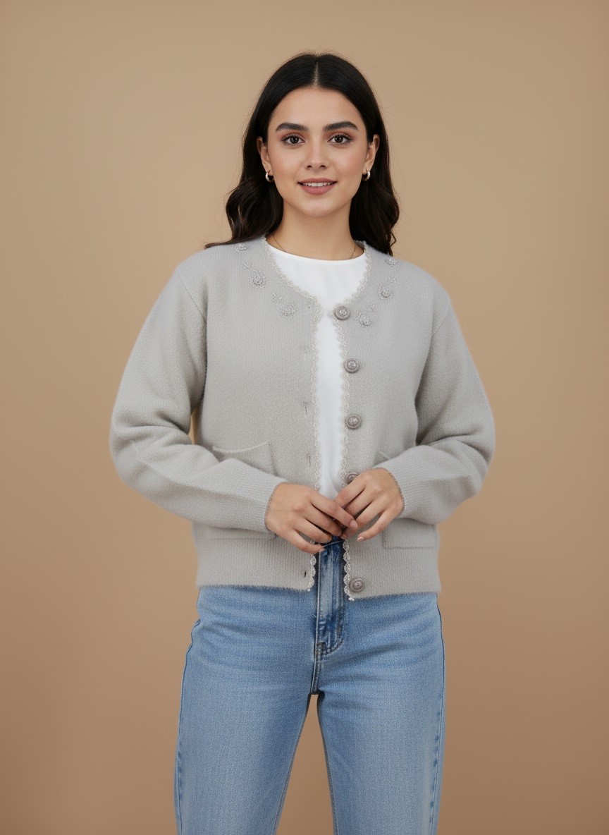 Elegant Women's Button-Front Sweater with Embroidered Details Elegant women's beige button-front sweater with embroidered details and front pockets, displayed flat on a neutral background.
