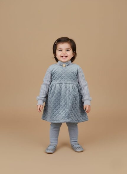 Toddler girl wearing blue quilted sweater dress and leggings, smiling in winter outfit