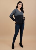 Women's two-tone knit button-up sweater, grey and dark grey, with white stitching and front pockets