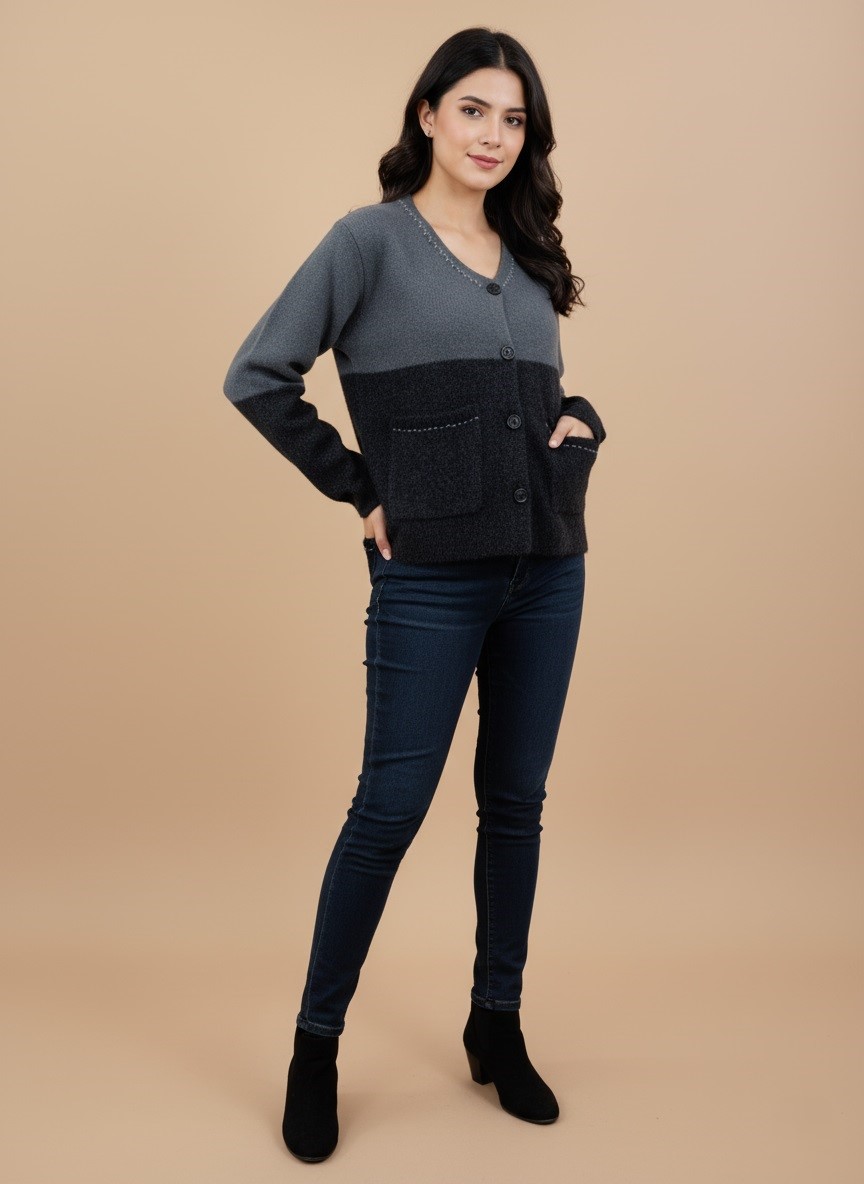 Women's Two-Tone Knit Button-Up Sweater Women's two-tone knit button-up sweater, grey and dark grey, with white stitching and front pockets