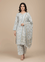 White paisley print viscose shawl with blue green gold pattern and fringe edges