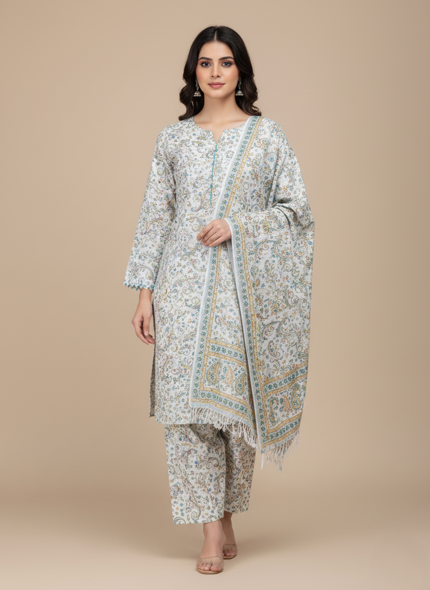 Elegant White Paisley Print Viscose Shawl for Women White paisley print viscose shawl with blue green gold pattern and fringe edges