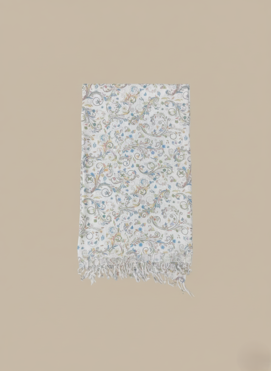 White paisley print viscose shawl with blue green gold pattern and fringe edges