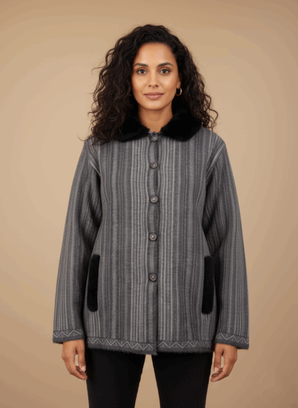 Women's grey alpaca blend sweater with vertical stripes, black faux fur collar, black faux fur pockets, and button-front closure on a light background.