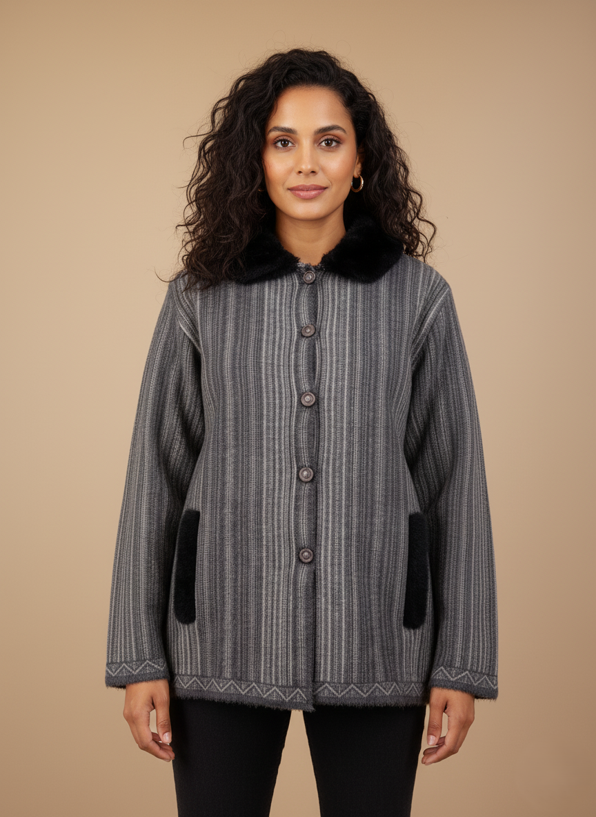 Women's Luxurious Alpaca Blend Button-Front Sweater with Faux Fur Collar Women's grey alpaca blend sweater with vertical stripes, black faux fur collar, black faux fur pockets, and button-front closure on a light background.