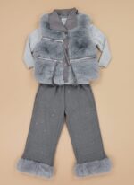 Girls grey faux fur winter suit with sweater, vest, and pants featuring fur cuffs.