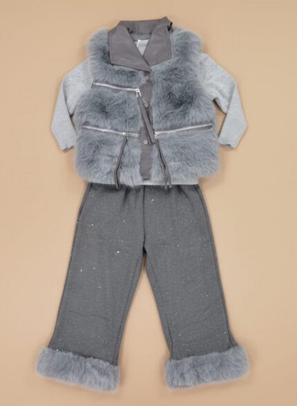 Girls grey faux fur winter suit with sweater, vest, and pants featuring fur cuffs.