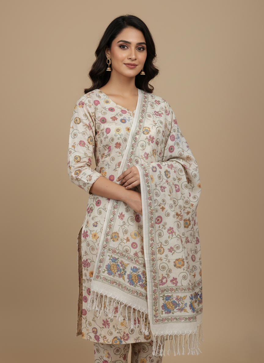 Elegant Floral Print Shawl with Fringe White floral print shawl with colorful flowers, green swirls, and white fringe laid flat on a beige background.