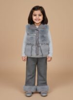 Girls grey faux fur winter suit with sweater, vest, and pants featuring fur cuffs.