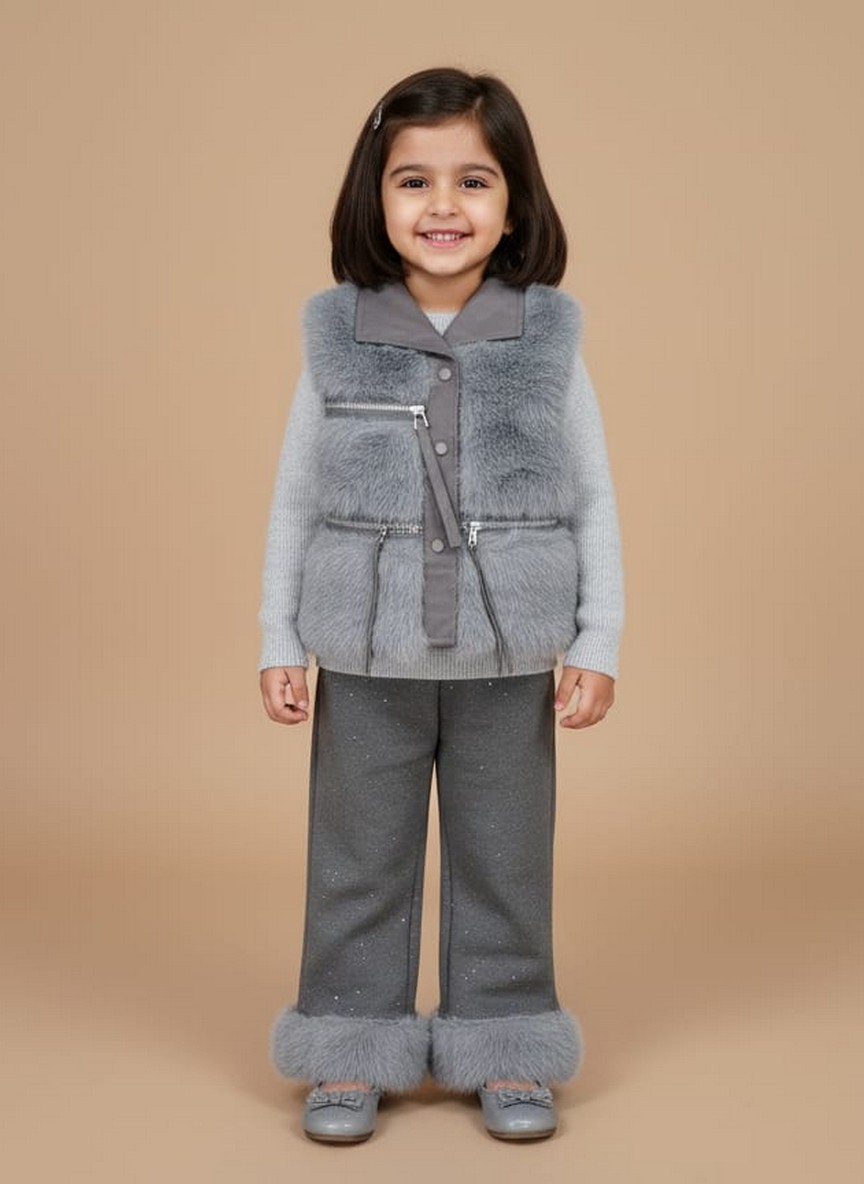 Girls Grey Faux Fur Winter Suit Girls grey faux fur winter suit with sweater, vest, and pants featuring fur cuffs.