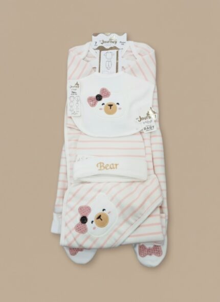 Lay-flat studio shot of the complete "Baby Bear" starter outfit set, showing a pink and white striped long-sleeve jumpsuit, matching hat, and bear-face bib, laid out neatly.