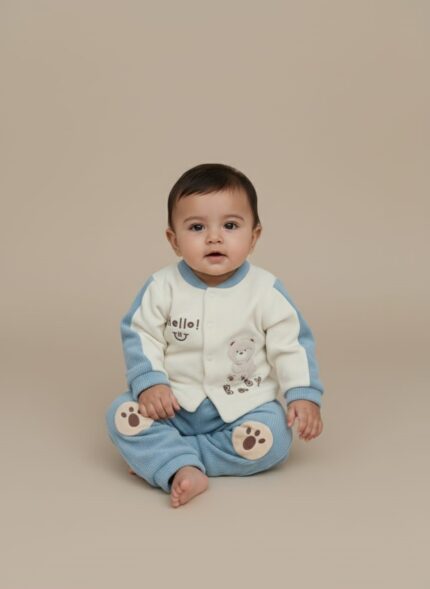 Baby wearing a cream and blue sweater with a bear and "Hello Baby!" text, paired with matching blue pants featuring paw print knee patches.