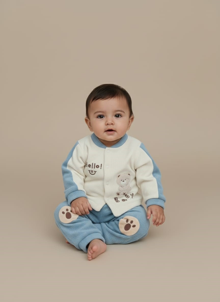 Adorable Baby Blue Sweater Set with Bear Appliqué Baby wearing a cream and blue sweater with a bear and "Hello Baby!" text, paired with matching blue pants featuring paw print knee patches.