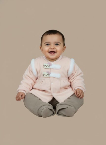 A smiling baby sitting and wearing a pink long-sleeve sweater featuring decorative cat-face buttons and white faux-fur shoulder accents, paired with mocha-colored jogger pants. This is the Baby Cat Detail Sweater Set.