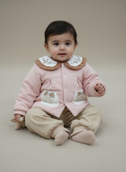 A happy baby sitting and looking at the camera, dressed in a pink long-sleeve sweater featuring a white Peter Pan collar with floral embroidery and a brown ruffled edge, two decorative pockets with plaid bows, and beige corduroy pants. This is the Baby Peter Pan Collar Sweater Set.