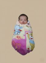 Pink baby soft blanket with cartoon elephant, dog, bear, and cat characters