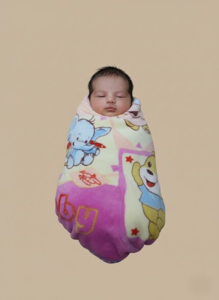 Pink baby soft blanket with cartoon elephant, dog, bear, and cat characters