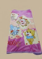 Pink baby soft blanket with cartoon elephant, dog, bear, and cat characters
