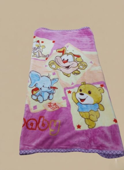Pink baby soft blanket with cartoon elephant, dog, bear, and cat characters