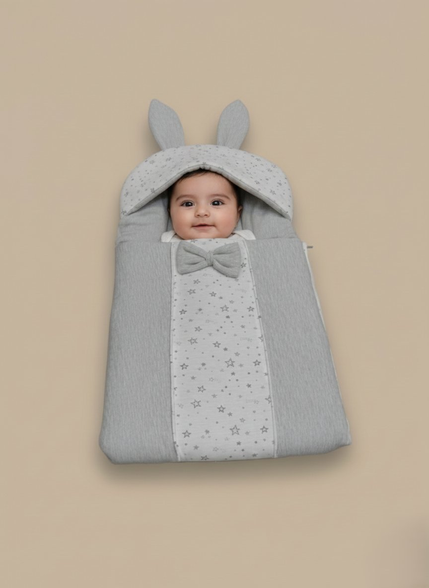 Adorable Grey Star Print Baby Sleeping Bag with Bunny Ears - Cozy Infant Swaddle Wrap - 1 Grey baby sleeping bag with star print, bunny ears, and a bow on a neutral background.
