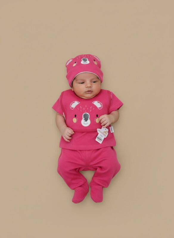 A cute newborn baby lying on a light background, wearing a bright hot pink, three-piece Koala-themed outfit with a koala face graphic on the shirt and hat.