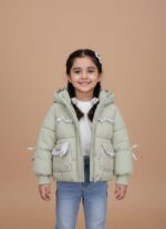 Light green Kids Frog Puffer Jacket with frog ears on the hood, ruffled floral trim on the pockets, and elasticated cuffs, designed as a warm toddler winter coat.