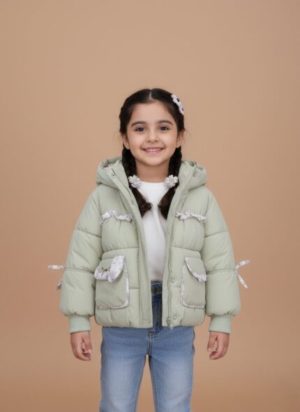 Light green Kids Frog Puffer Jacket with frog ears on the hood, ruffled floral trim on the pockets, and elasticated cuffs, designed as a warm toddler winter coat.
