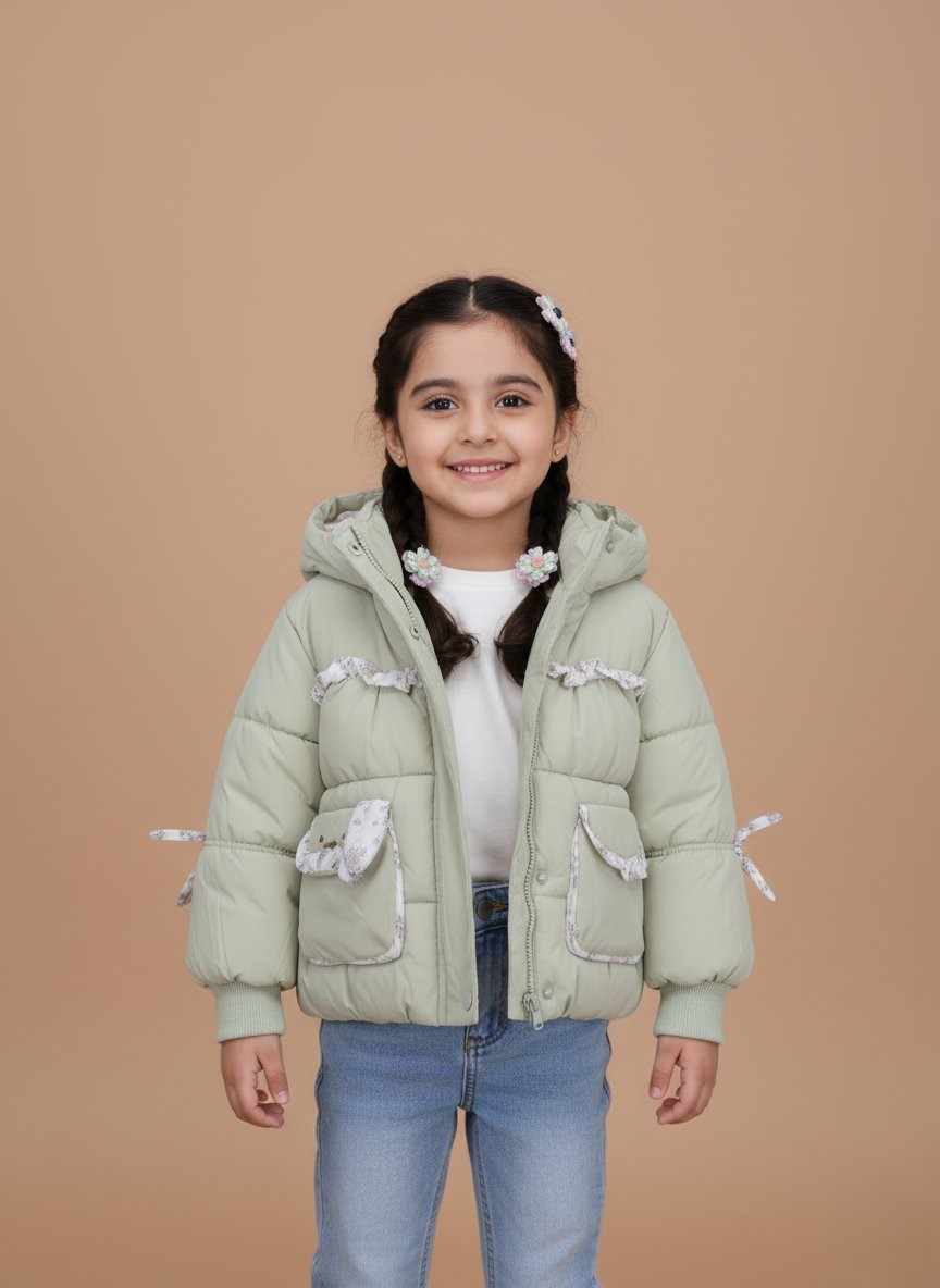 Adorable Kids Frog Puffer Jacket - Warm & Cute Toddler Winter Coat - 1 Light green Kids Frog Puffer Jacket with frog ears on the hood, ruffled floral trim on the pockets, and elasticated cuffs, designed as a warm toddler winter coat.