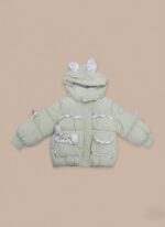 Light green Kids Frog Puffer Jacket with frog ears on the hood, ruffled floral trim on the pockets, and elasticated cuffs, designed as a warm toddler winter coat.