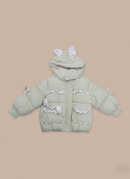 Light green Kids Frog Puffer Jacket with frog ears on the hood, ruffled floral trim on the pockets, and elasticated cuffs, designed as a warm toddler winter coat.
