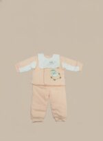 Baby wearing a light peach sweater with a white bib, featuring a cute animal appliqué on the sweater and embroidered clouds on the bib, paired with matching peach pants.