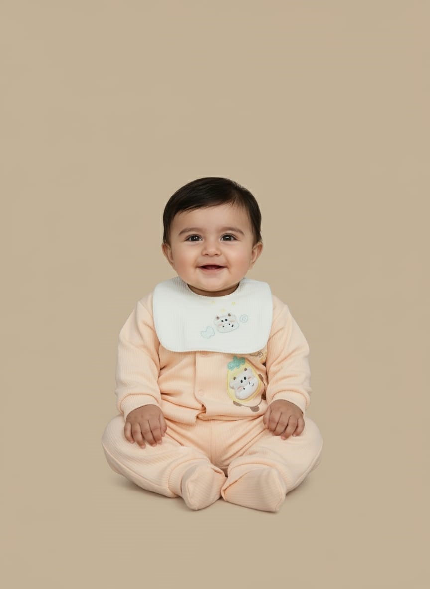 Adorable Peach Baby Sweater Set with Bib & Cute Appliqué Baby wearing a light peach sweater with a white bib, featuring a cute animal appliqué on the sweater and embroidered clouds on the bib, paired with matching peach pants.