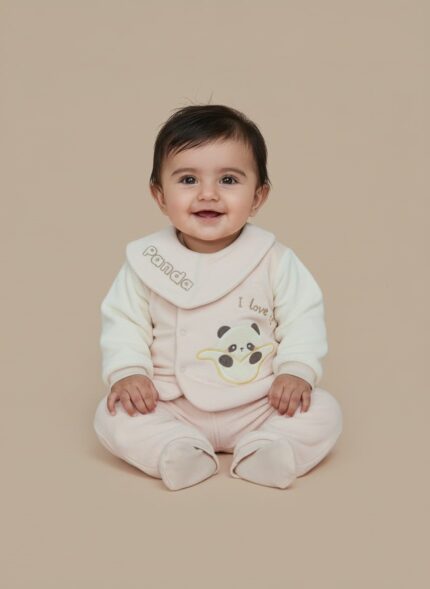 Happy baby wearing a pink Baby Panda Sweater Set with a "Panda" bib, featuring a cute panda design on the sweater.