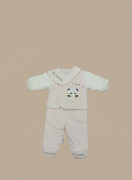 Happy baby wearing a pink Baby Panda Sweater Set with a "Panda" bib, featuring a cute panda design on the sweater.