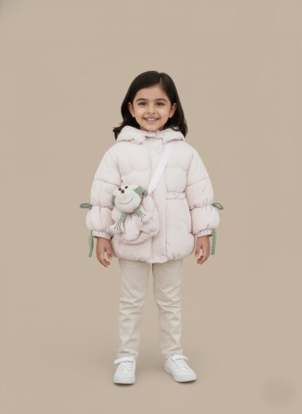 Pink kids puffer jacket with a light pink main color, green and white gingham accents on the hood and cuffs, and a padded frog-shaped crossbody bag attached to the front. The jacket has a hood, full front closure, and a gathered waist.