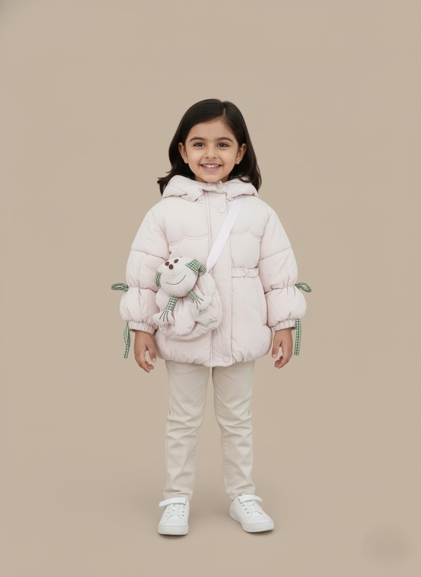 Adorable Pink Kids Puffer Jacket with Frog Design & Gingham Accents - 1 Pink kids puffer jacket with a light pink main color, green and white gingham accents on the hood and cuffs, and a padded frog-shaped crossbody bag attached to the front. The jacket has a hood, full front closure, and a gathered waist.