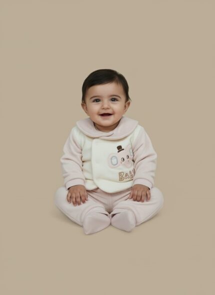 Pink newborn baby sweater set with an elephant design on a cream vest and matching ribbed pants, modeled by a smiling infant.