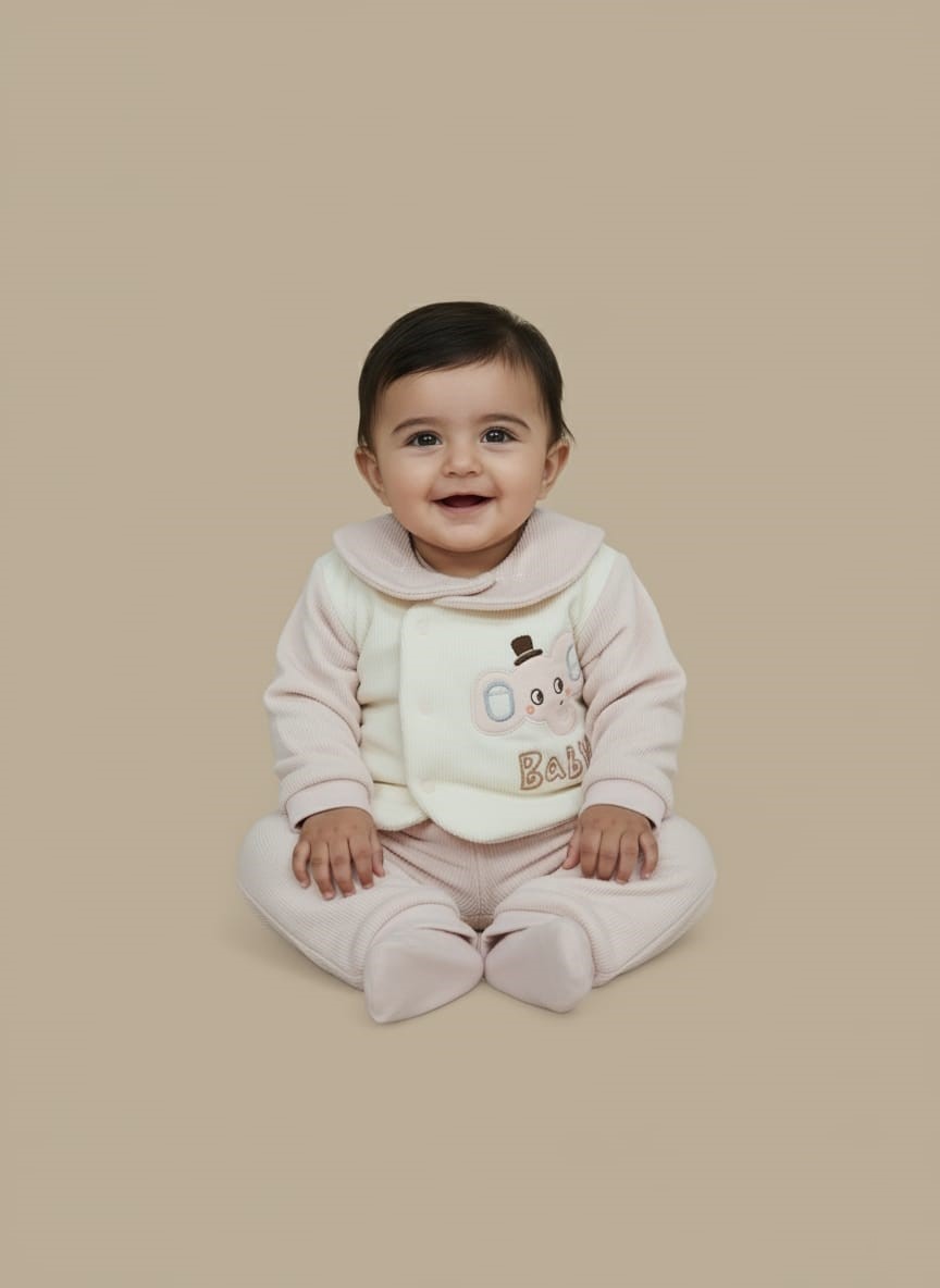 Adorable Pink Newborn Baby Sweater Set & Pants Pink newborn baby sweater set with an elephant design on a cream vest and matching ribbed pants, modeled by a smiling infant.