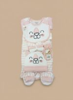 Pink and white striped baby girl layette set with an animal face bib, headband, and mittens, displayed folded.