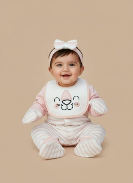 Pink and white striped baby girl layette set with an animal face bib, headband, and mittens, displayed folded.