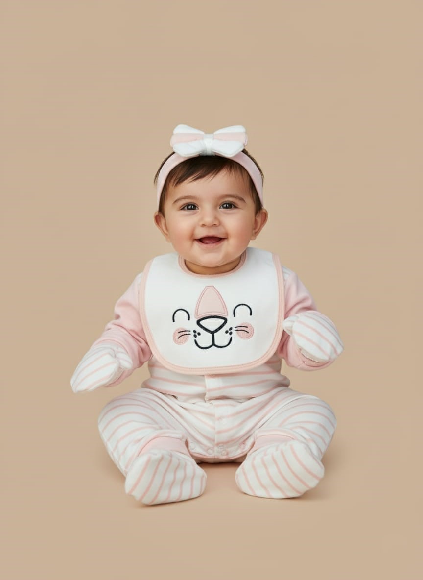 Adorable Pink Striped Baby Girl Layette Set Pink and white striped baby girl layette set with an animal face bib, headband, and mittens, displayed folded.