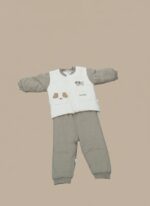 A two-piece grey and white Baby Warm Sweater Set with a quilted sweater featuring a puppy design and matching warm pants, displayed on a baby.