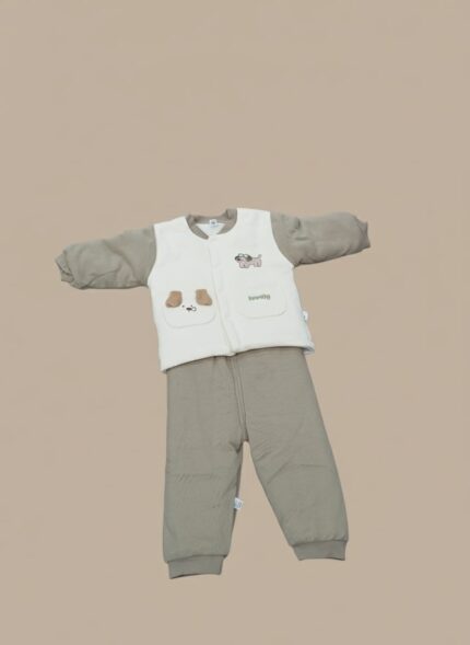 A two-piece grey and white Baby Warm Sweater Set with a quilted sweater featuring a puppy design and matching warm pants, displayed on a baby.