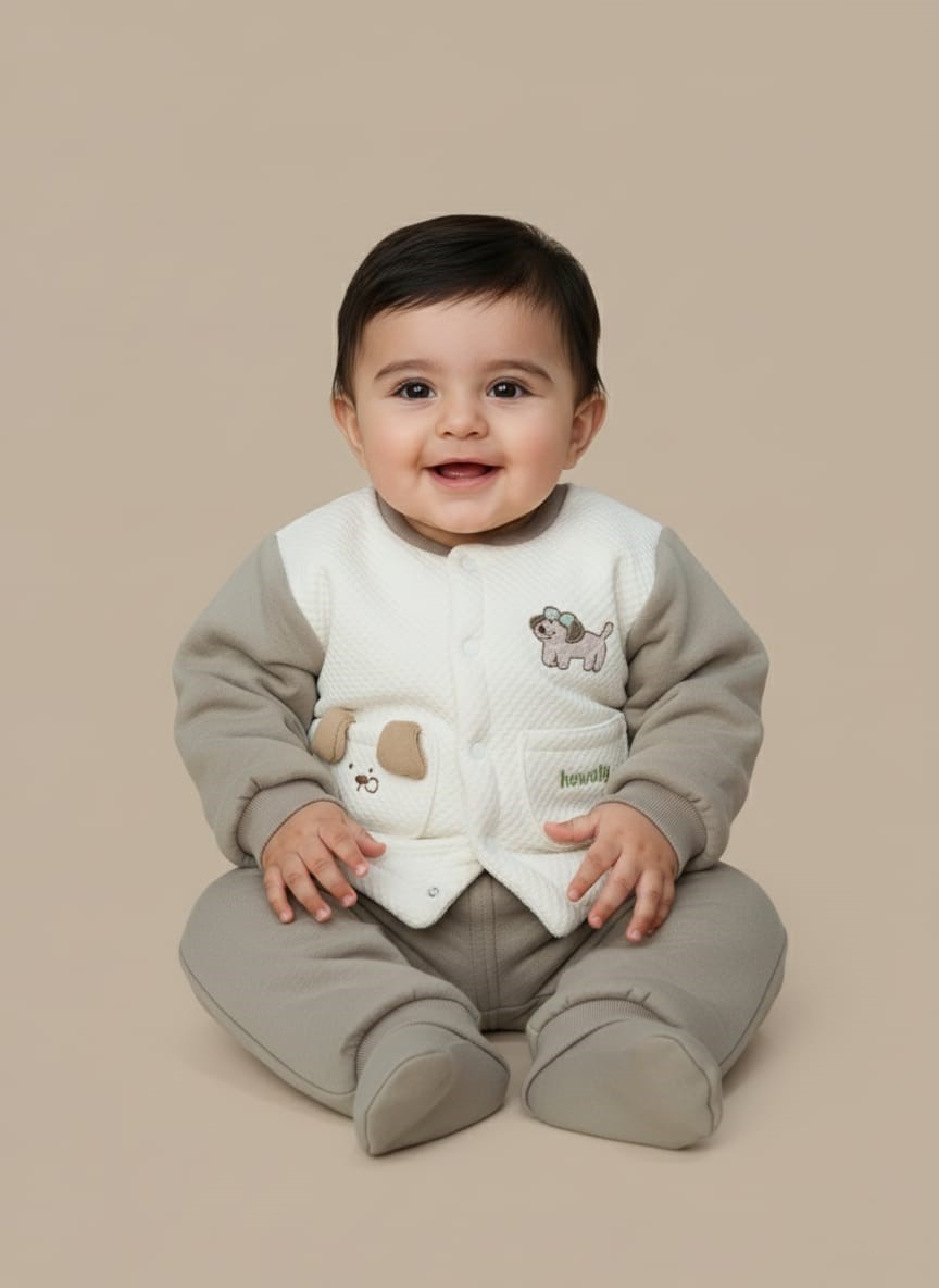 Adorable Puppy Design Infant Winter Clothing A two-piece grey and white Baby Warm Sweater Set with a quilted sweater featuring a puppy design and matching warm pants, displayed on a baby.