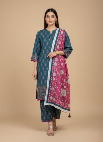 printed 3 PC unstitched lawn suit with a pink dupatta, along with product details and price.