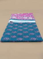 printed 3 PC unstitched lawn suit with a pink dupatta, along with product details and price.