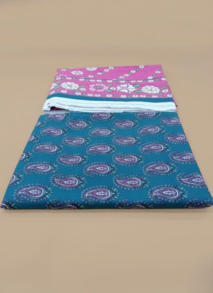 printed 3 PC unstitched lawn suit with a pink dupatta, along with product details and price.