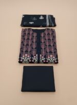 Ayzel Kaloni Luxury Embroidered Chiffon Suit in navy with multi-color embroidery on chiffon shirt, matching embroidered chiffon dupatta, and raw silk trousers, worn by a female model.