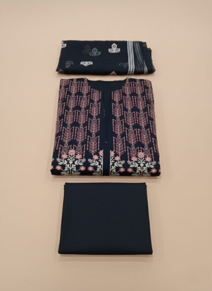 Ayzel Kaloni Luxury Embroidered Chiffon Suit in navy with multi-color embroidery on chiffon shirt, matching embroidered chiffon dupatta, and raw silk trousers, worn by a female model.